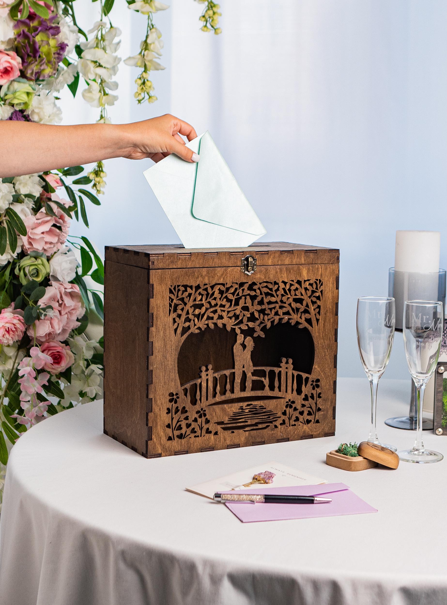 Wedding card box, envelope holder with couple silhouette, personalized money box
