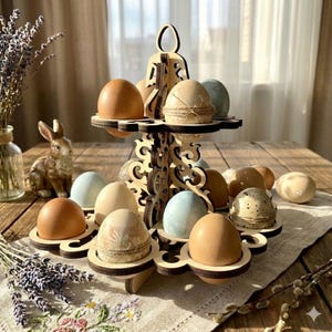 May include: A wooden Easter egg display stand with multiple tiers, holding various coloured eggs. The eggs are in shades of brown, blue, and speckled. A decorative bunny and lavender sprigs are in the background. The stand is made of light brown wood.