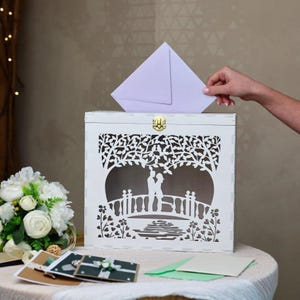 Caixa rústica branca para cartões de casamento com fechadura – Cofrinho de madeira personalizado para recepção, porta-cartões de presente para envelopes