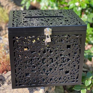 Caixa de envelopes de dinheiro preta, caixa de lembrança de madeira para presente com cadeado, caixa de cartão de casamento personalizada