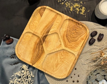 Wooden serving plate, compartmental dish, food snack tray, appetizer plates for snacks, cheese & fruit