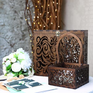 Boîte pour cartes de mariage avec fente et panier assorti pour bouquetière - Ensemble en bois rustique pour décoration de réception, tirelire cadeau personnalisée