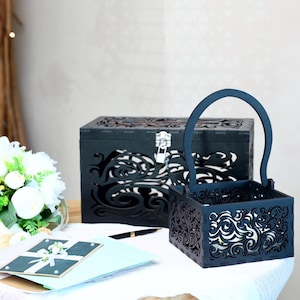 Caixa preta para cartões de casamento com cesta para florista, decoração gótica para casamento, caixa com envelope com fechadura, conjunto romântico escuro para recepção
