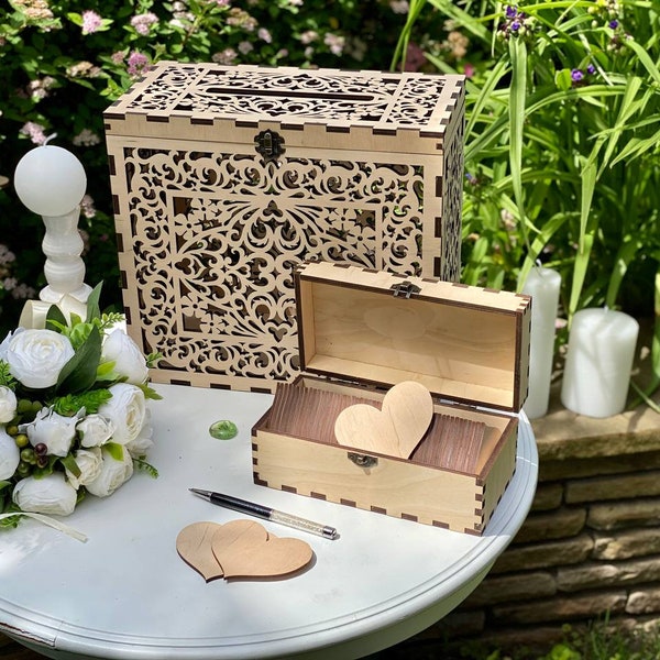 Wedding card box and wishing well wooden cards in box set,  Heart shape wooden alternative guest book, charity ball envelope post box