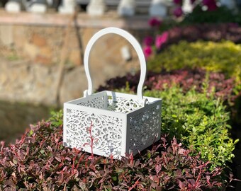 Cesta rústica de madera blanca para niña de flores, cesta de lanzamiento de pétalos de boda, decoración rústica de boda