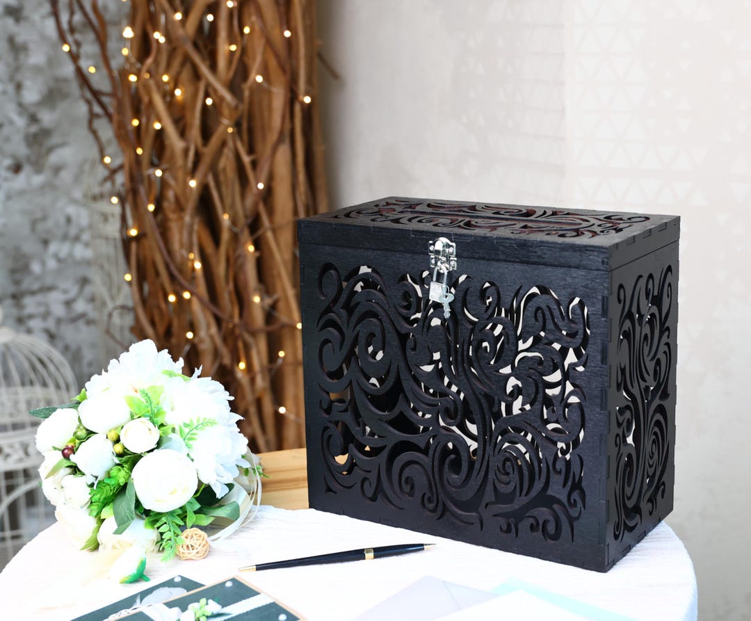 Gothic Black Wedding Card Box With Lock: Rustic Wooden Envelope Holder ...