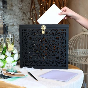 Black Wedding Card Box With Lock, Wooden Wedding Money Box Holder, Wedding Reception Advice Box