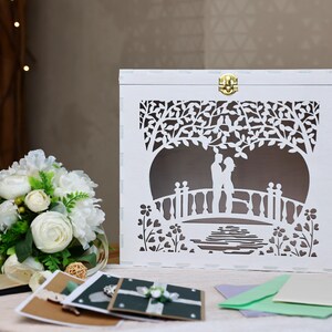 Caixa de cartão de casamento com silhueta dos noivos – Caixa de envelope de madeira rústica branca, decoração personalizada para mesa de recepção