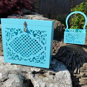 Turquoise houten trouwkaartdoos, houder bruiloftsgastcadeaus, mand voor bloemblaadjes, mand bloemenmeisjes, huwelijksdecoratie
