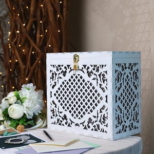 Caixa de cartão de casamento branca com fechadura, porta-envelopes de madeira, cofrinho rústico para recepção de casamento