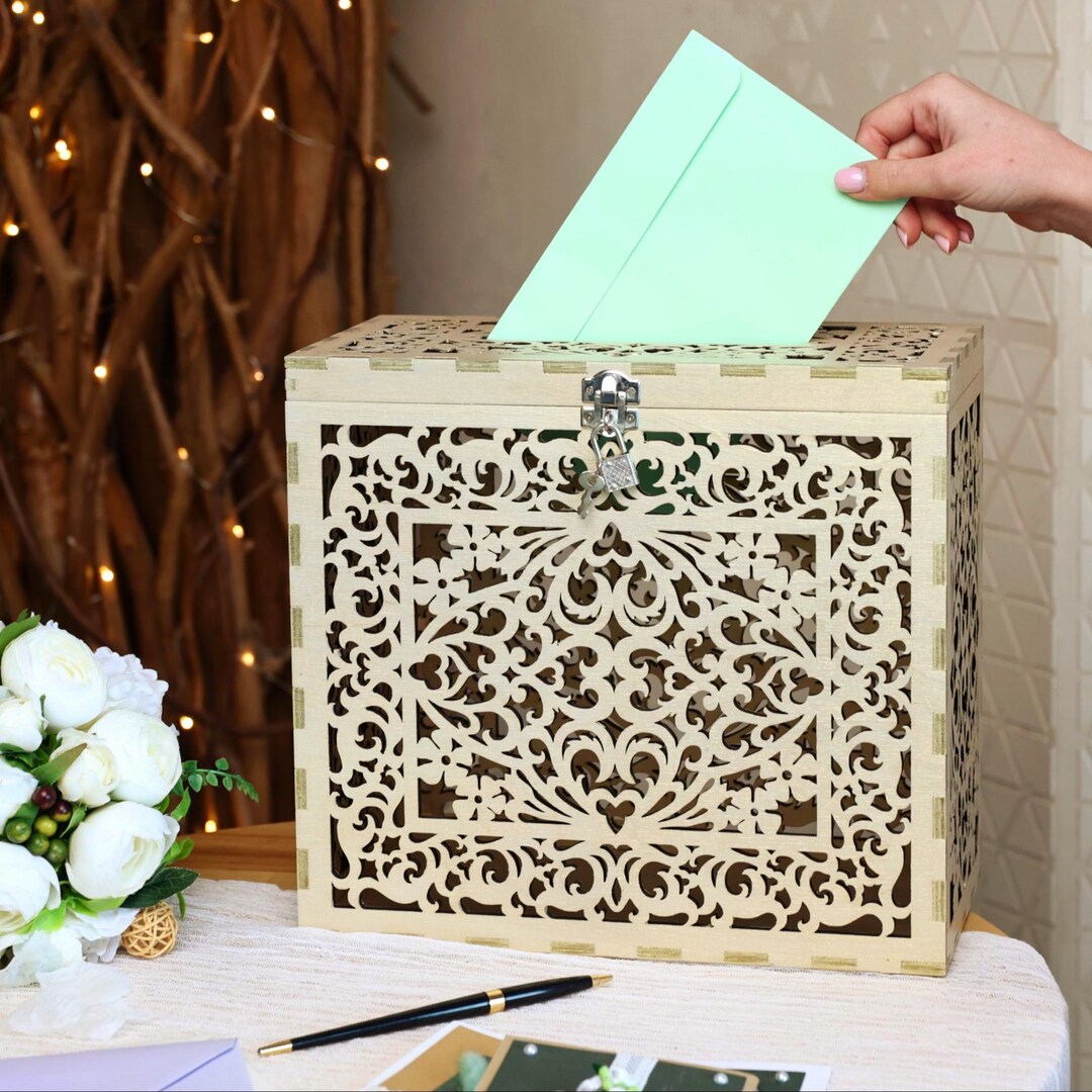 Personalized Wedding Card Box With Lock, Wooden Money Holder, Elegant ...