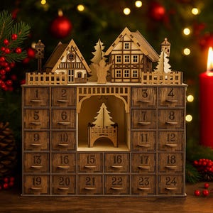 Wooden Advent Calendar House – Reusable Christmas Countdown Box with Drawers