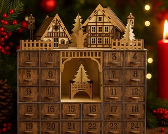 Large Wooden Advent Calendar House with 24 Drawers, Reusable Christmas Decor
