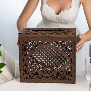 Caixa de cartão de madeira personalizada para casamento, caixa de dinheiro para casamento com compartimento, envelope para recepção pós-festa