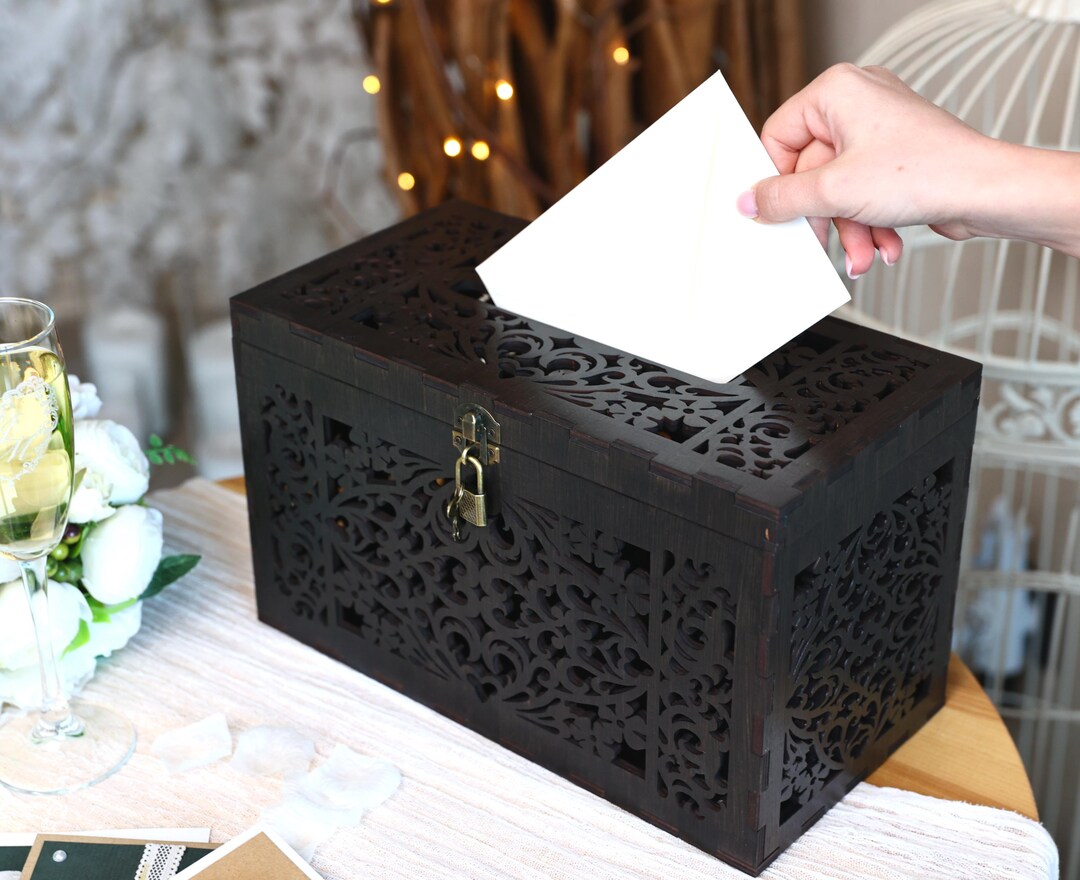 Black Wooden Wedding Card Box With Lock: Laser Cut Design - Etsy