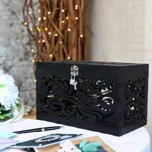 Caixa de cartão de casamento preta com fechadura, caixa de dinheiro de madeira para envelopes, decoração de casamento personalizada