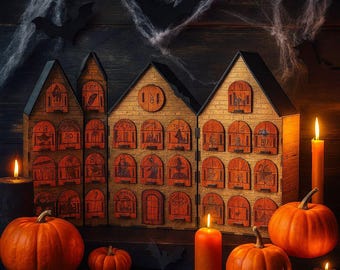 Calendario de Adviento de Halloween de madera, cuenta regresiva de casa embrujada con 31 cajones, decoración espeluznante reutilizable para octubre.