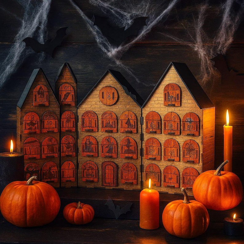 Op de afbeelding: Een houten Halloween adventskalender in de vorm van huizen met kleine deuren en ramen. De kalender is versierd met oranje en zwarte accenten, pompoenen en brandende kaarsen. Vleermuizen en spinnenwebben zijn op de achtergrond.