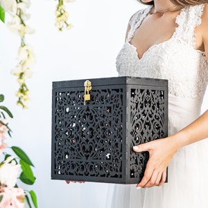 Black Wedding Card Box With Lock, Wooden Wedding Money Box Holder, Wedding Reception Advice Box