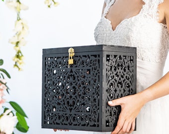 Porte-cartes de mariage noir avec cadenas, porte-tirette de mariage en bois, porte-cartes de réception de mariage en bois