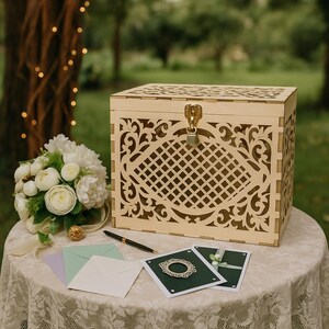 Caixa para cartões de casamento com fechadura, porta-envelopes de madeira rústica, cofrinho seguro para presentes de recepção