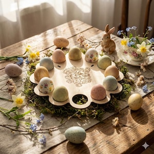 Op de afbeelding: Een houten eierhouder met 12 pastelkleurige eieren, sommige met bloemmotieven, gerangschikt op mos. Een keramisch konijntje en een theekopje met bloemen staan ook op de houten tafel.