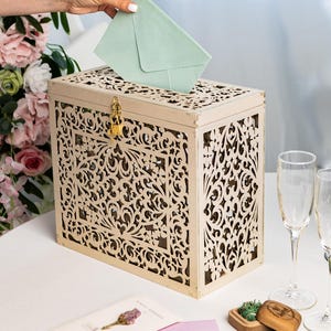 Perle benutzerdefinierte Umschlag Box mit Schloss, Briefkasten Trauung, personalisierte Geschenke, Boho Hochzeitsdeko, Hochzeit Karte Box, Holzkarten Box