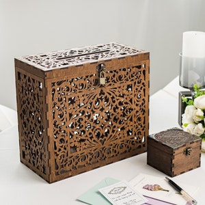 Conjunto de caixas para cartões e anéis de casamento, porta-anéis personalizado, cofrinho de madeira, presentes para convidados da recepção