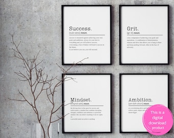 Motivational 4 Quote Bundle l Success Grit Mindset Ambition | Office Wall Art | Home Office Prints | Motivational Quotes Prints | Home Décor