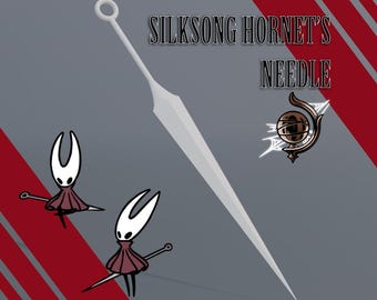 May include: A white, stylized needle with a circular handle, a decorative emblem, and two cartoon figures. The text "SILKSONG HORNET'S NEEDLE" is displayed in the upper right corner. The background is gray with red diagonal stripes.