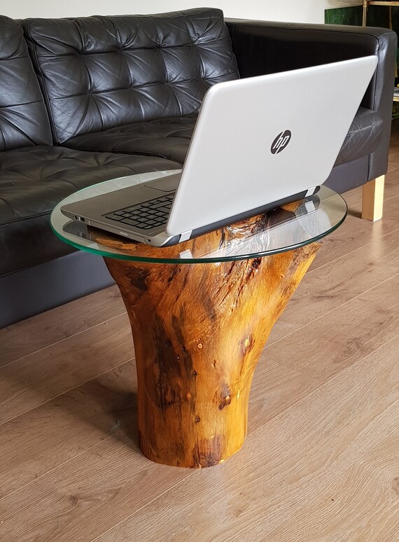 Round Glass Top Low Coffee Table Rustic Reclaimed Tree Trunk Etsy