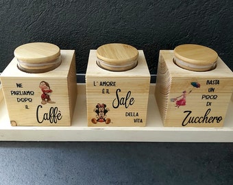 Set cucina sale, zucchero e caffè-Set cucina-Arredo cucina-Cucina-Zucchero-Sale-Caffè-Vasetti cucina in legno-Natale-Idee regalo