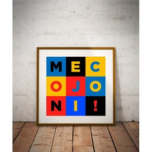Può includere: Una stampa incorniciata con un design a griglia colorato. Le lettere "ME, CO, JO, NI" sono disposte in una griglia 3x3, ogni lettera in un quadrato di colore diverso. Lo sfondo è bianco.