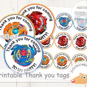 Etiquetas de agradecimento de aniversário para impressão, etiquetas digitais Beyblade, impressão de festa Bey blade Spinners, impressão de etiquetas de pirulito, DOWNLOAD INSTANTÂNEO