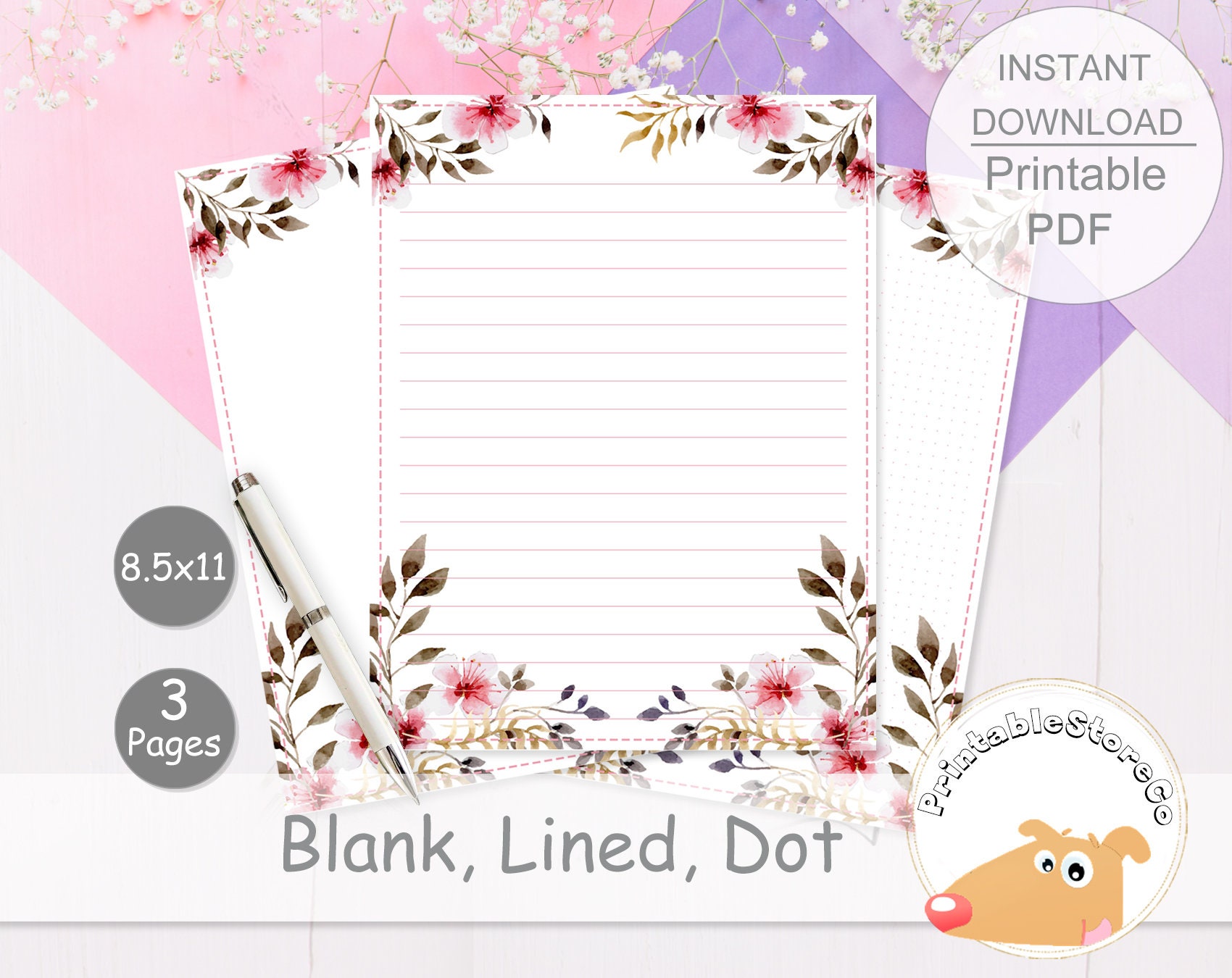 Printable Floral Notes Pages 8.5x11 Printable Writing Paper Etsy