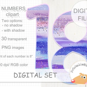 Watercolor numbers digital, Happy Birthday glitter numbers clipart, Classroom Numbers Cute, PNG Numbers from 0 to 9, Shine Colorful Number