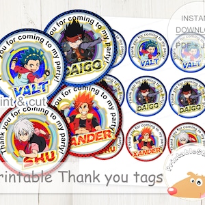 Op de afbeelding: Printbare bedankkaartjes met personages uit de anime-serie Beyblade Burst. De kaartjes zijn rond en hebben een kleurrijk ontwerp met de namen en afbeeldingen van de personages. De tekst "Bedankt voor het komen naar mijn feestje!" staat op elk kaartje.