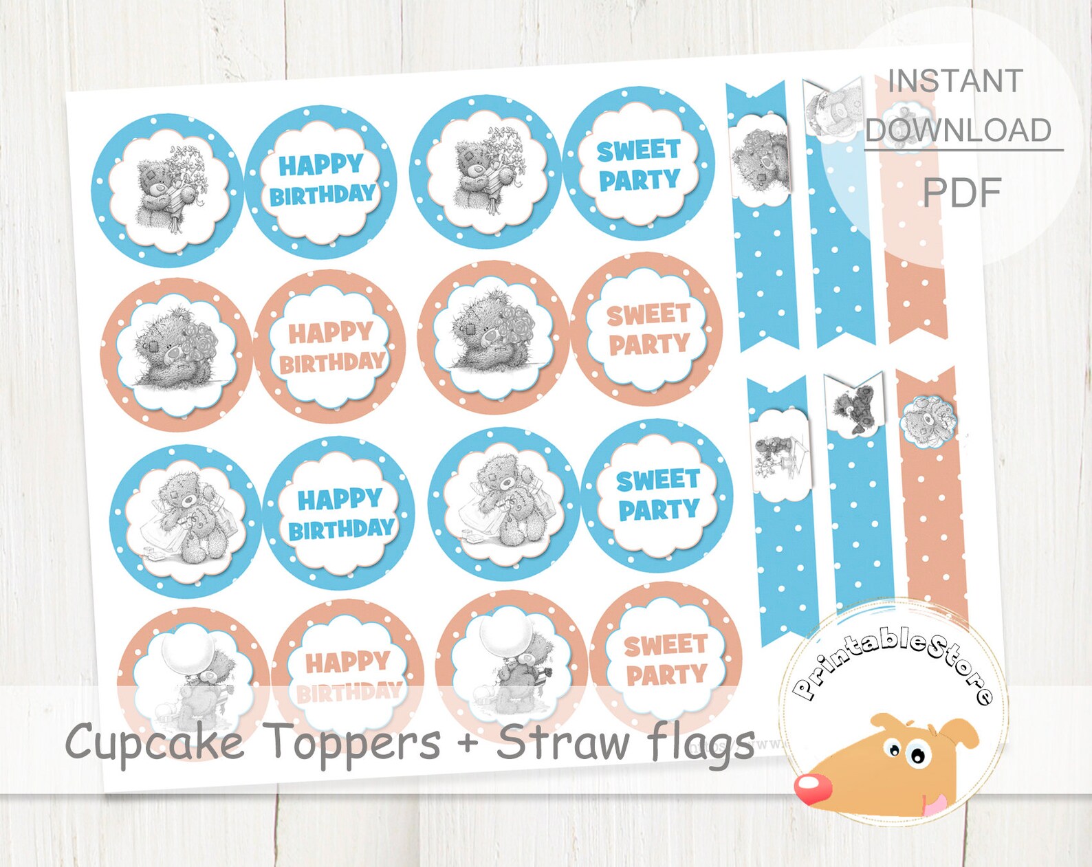 Teddy Bear Cupcakes Digital Toppers Printable INSTANT | Etsy