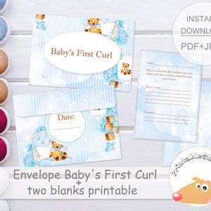 Envelope do primeiro cacho do bebê azul para impressão, lembrança do primeiro corte de cabelo, modelo de envelope, meu primeiro corte de cabelo, menino festeiro, marco do bebê urso azul