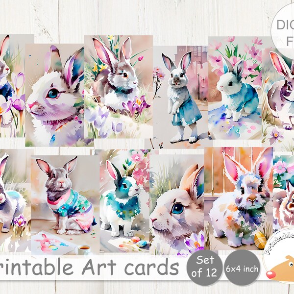 Printable Watercolor Easter Bunny Rabbit Art Cards Set, Digital Collage Illustrations for DIY Postcards and Spring Decor, Printable Postcard