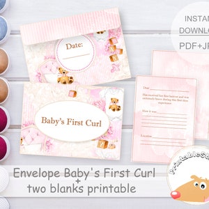 Envelope rosa para impressão do primeiro cacho do bebê, lembrança do primeiro corte de cabelo, modelo de envelope, meu primeiro corte de cabelo, marco do bebê rosa e urso