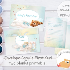 Envelope do primeiro cacho do bebê azul para impressão com urso, lembrança do primeiro corte de cabelo, modelo de envelope, meu primeiro corte de cabelo, menino festeiro, festa de bebê urso