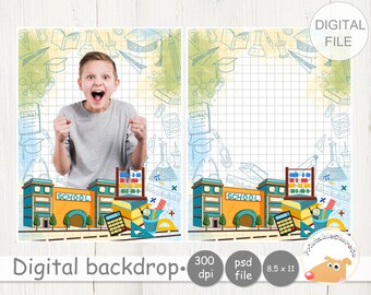 May include: A digital backdrop featuring a school building with a yellow and blue exterior, a blue door, and the word "SCHOOL" above the door. The backdrop is surrounded by a grid pattern and various school-related doodles, including books, pencils, and a calculator.