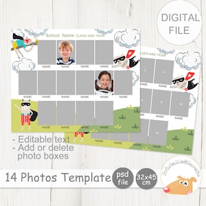 Photo template, Customizable School Class Photo Collage Template for 14 Pictures, Kindergarten or Elementary School Composite size 32x45cm