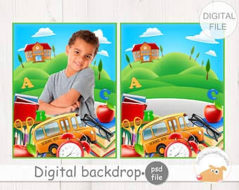 May include: A digital backdrop featuring a school bus, school building, and colorful alphabet blocks. The backdrop is designed for use in photoshoots, especially for children.