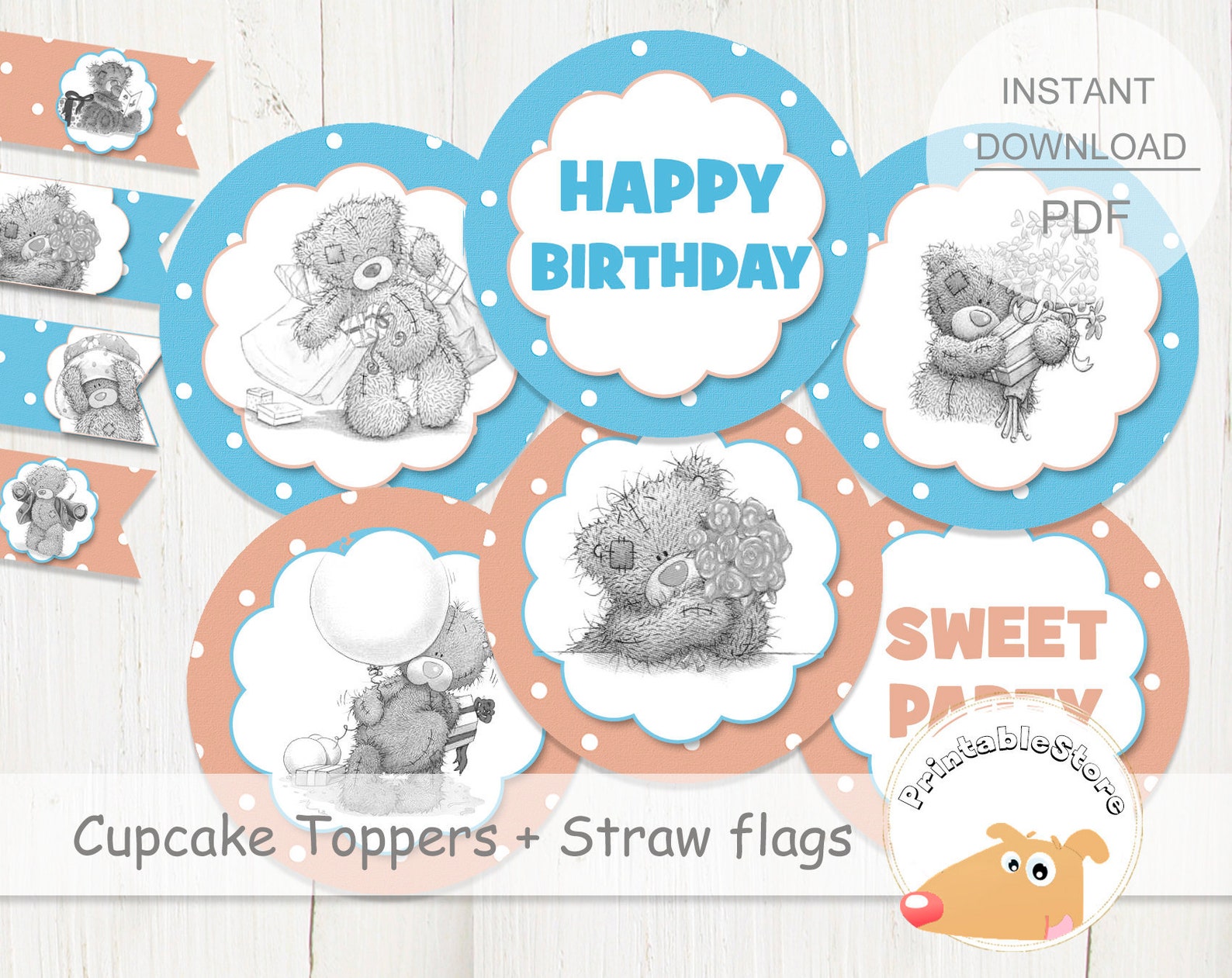 Teddy Bear Cupcakes Digital Toppers Printable INSTANT | Etsy