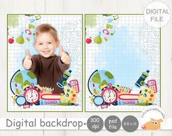 May include: A digital backdrop featuring a blue and green globe, a red alarm clock, a magnifying glass, a telescope, a stack of colorful pencils, a book with the word "SCHOOL" on it, and a paint palette. The backdrop is designed for use in photo editing software.
