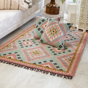 Pink Grey and Blue Pastel Geometric Wool and Cotton Kilim Rug 2 Sizes Available