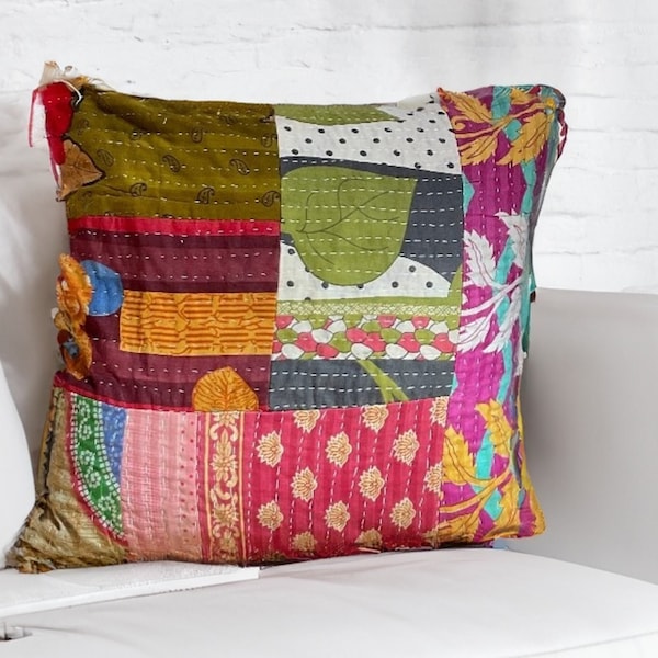 Kantha Large Cushion Cover Square Multi Colour Indian Cotton Patchwork 60 x 60 cm