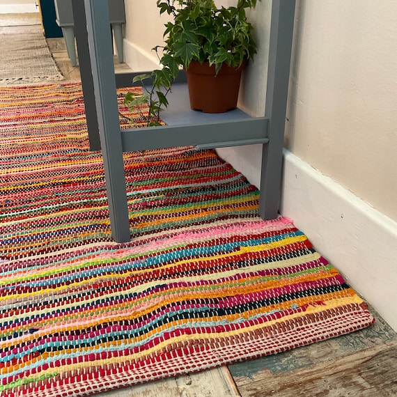 RAINBOW Multi Colour Rag Rug Cotton Mix Eco Friendly Floor Mat Small Medium  Large Extra Large Runner Rectangle or Square -  Canada